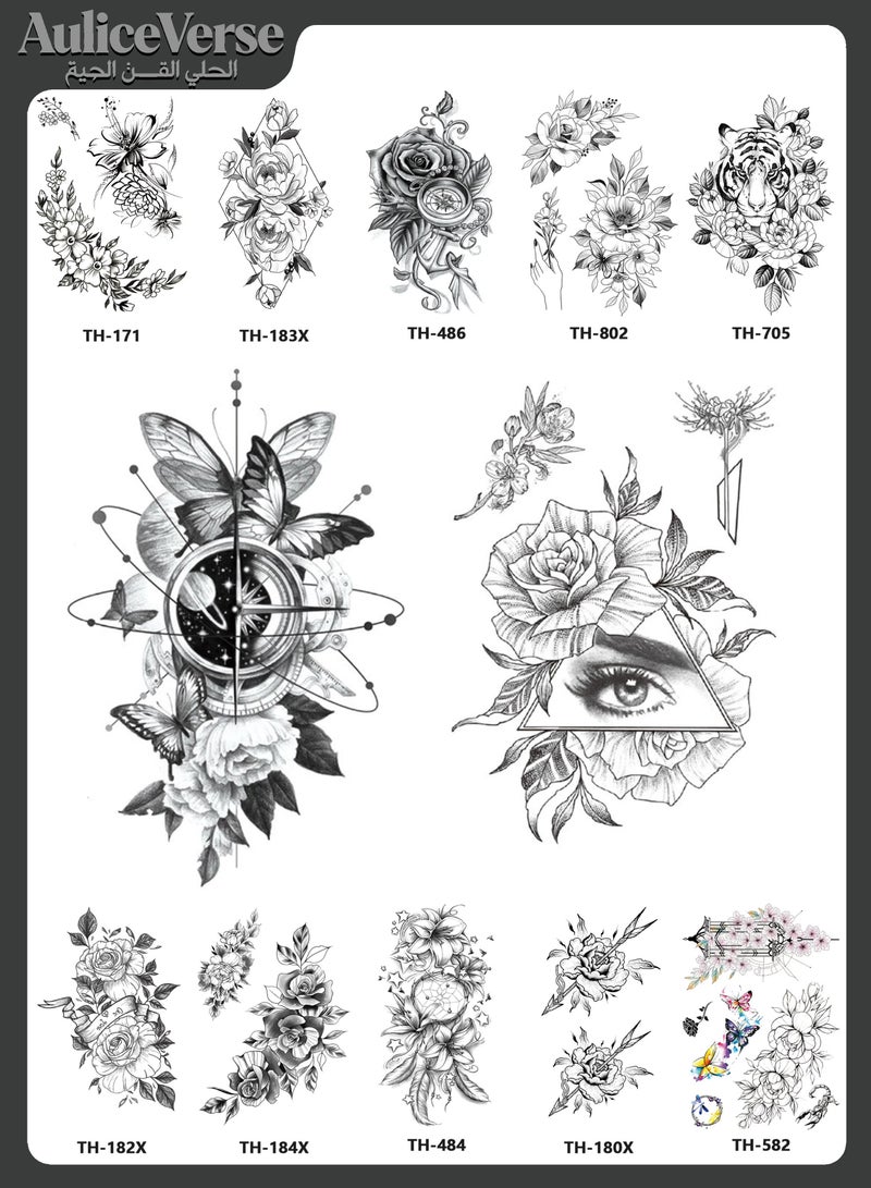 AuliceVerse Ramadan Body Art – 12 Large 210x148mm Dark Floral & Animal Temporary Tattoos, Waterproof Stickers for Celebration Style - Image 1